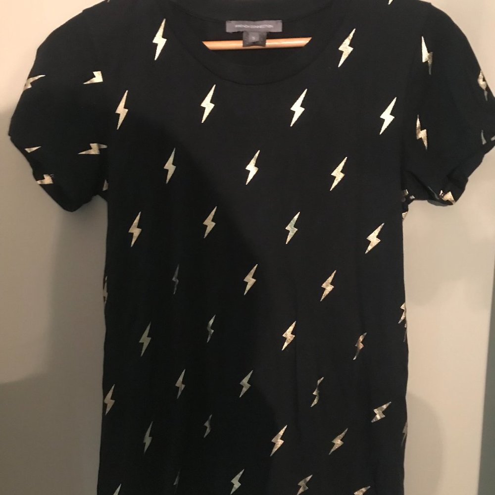 French Connection Cotton Top, With  Thunderbolts; Black and Gold; Small